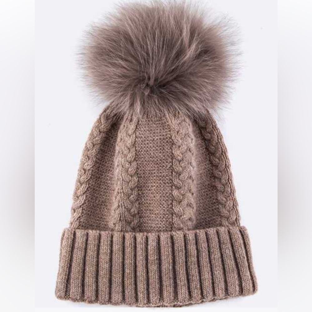Cashmere Cable Knit Beanie Hat with Real Raccoon Fur Removable Pom in Taupe